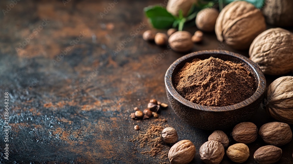 Ground nutmeg spice in bowl with whole nuts on rustic background Ground nutmeg spice in bowl with whole nuts on rustic background