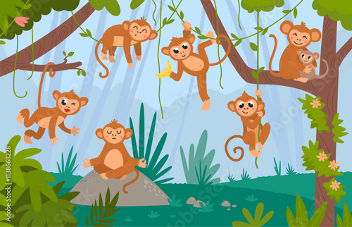 Monkeys hang on vines. Funny monkey in tropical forest, meditation, eating banana, having fun. Cute cartoon exotic wild animals, classy vector rainforest scene