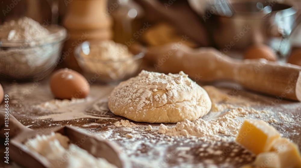 Rustic baking scene with fresh dough and ingredients