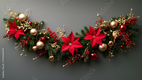 Neat christmas garland with red flowers and baubles