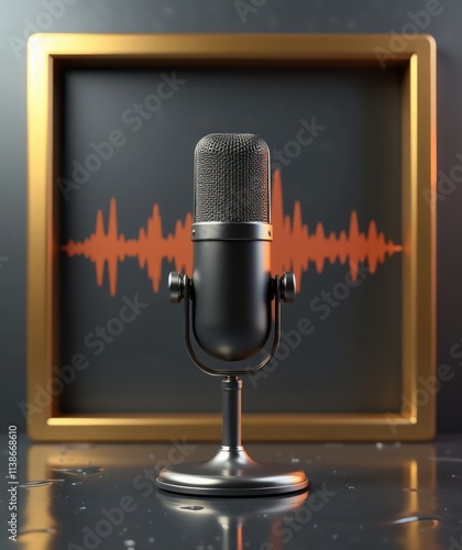 Podcast Professional Studio Microphone with Sound Wave on Metallic Background with Brown Gold Frame. Perfect for podcast promotions, audio recording concepts, designs related to digital broadcasting photo