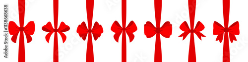 Red satin bows tied around vertical ribbons. Elegant surprise loops, vibrant knot details flowing tails Various shapes festive package wrapping decor, gift box ribbon design, celebration adornments