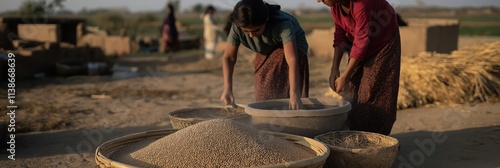 Two women are seen winnowing grains in open outdoor rural setting, focusing on traditional agricultural practices. photo