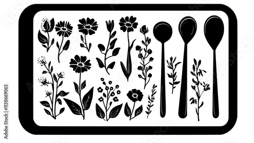 Edible flowers on a baking sheet near measuring spoons, Plant Digital Art