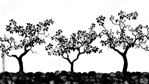 Espaliered fruit trees trained along a south-facing stone wall, Plant Digital Art