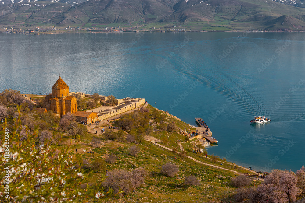 Akdamar Island in Van Lake. The Armenian Cathedral Church of the Holy Cross - Akdamar, Turkey