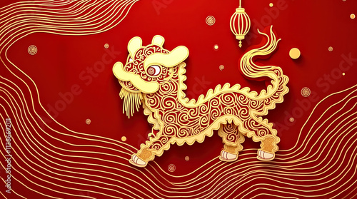 Traditional Chinese Lion Dance Greeting Postcard Chinese New Year Celebration Festive Background
