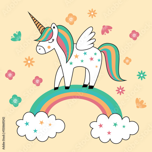 CUTE UNICORN FLY AND RAINBOW COLORFUL