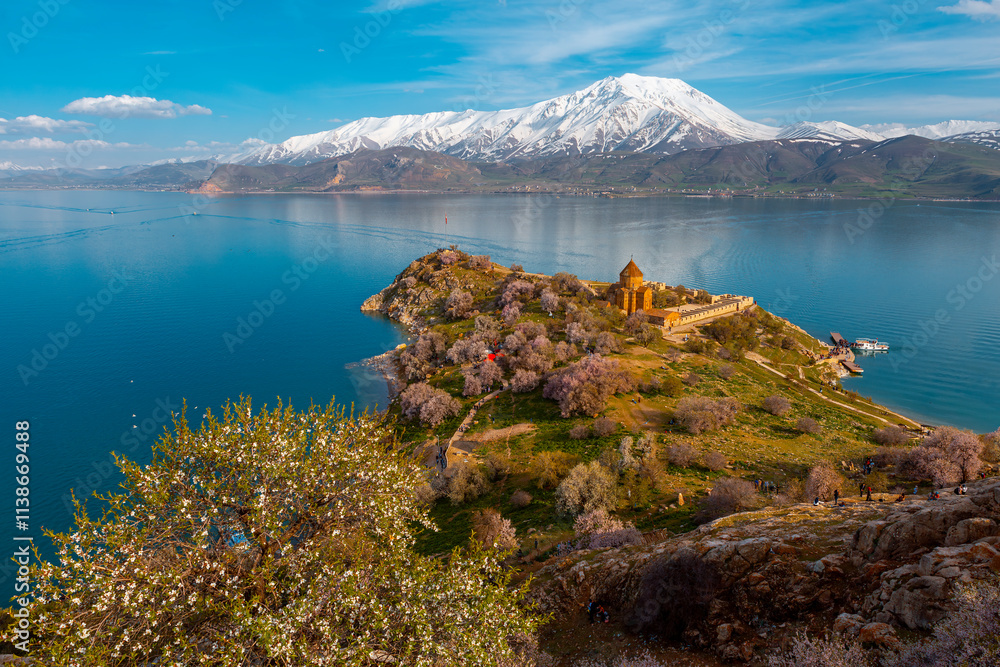 Akdamar Island in Van Lake. The Armenian Cathedral Church of the Holy Cross - Akdamar, Turkey