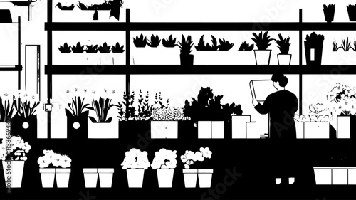Flower-filled containers being organized in a wholesale floristry warehouse, Plant Digital Art