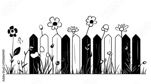 Flowering plants designed for pollinators in bloom near a wooden fence, Plant Digital Art