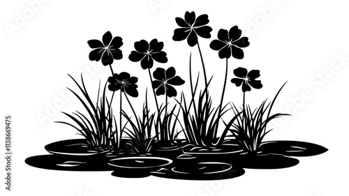 Flowers growing in clusters near a small pond, beneficial for pollinators, Plant Digital Art