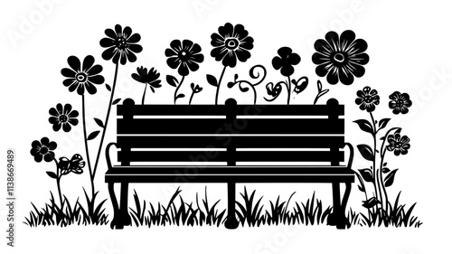 Flowers blooming near a garden bench, planted to attract pollinators, Plant Digital Art