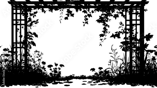 Foamflower plants growing under a shaded trellis in a natural garden setting, Plant Digital Art