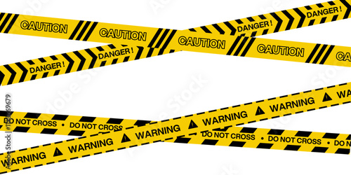 Caution tape set: Yellow warning ribbons with bold black stripes and hazard patterns. Vector illustration.