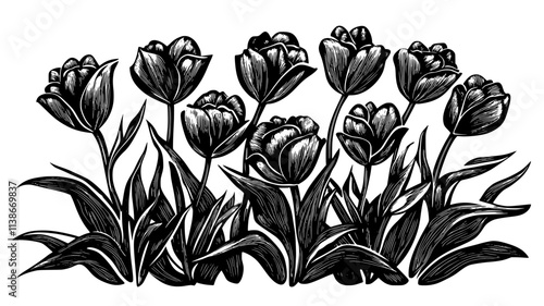 A group of fringed tulips planted together in a landscaped garden, Plant Digital Art