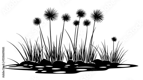 A group of papyrus plants standing tall in the shallow water near the edge of a pond, Plant Digital Art