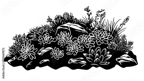 Sedum plants growing in a rock garden with surrounding perennials, Plant Digital Art