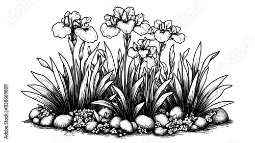 Group of Siberian irises growing together in a landscaped garden, Plant Digital Art