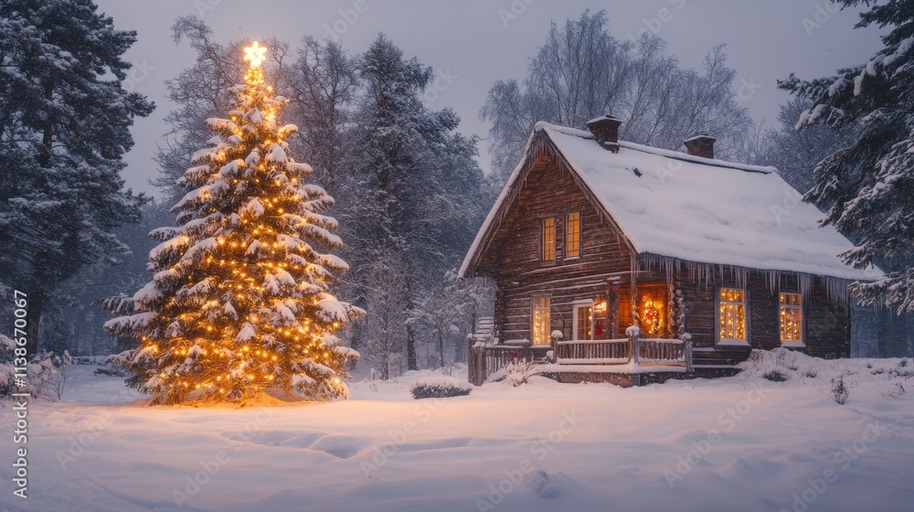 A small Christmas tree, decorated with lights, floats on the lake, surrounded by snowy forests A small Christmas tree, decorated with lights, floats on the lake, surrounded by snowy forests