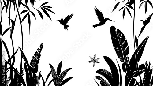 Heliconia flower attracting a hummingbird in a clearing, Plant Digital Art