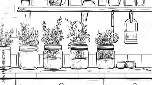 Herbs growing in mason jars on the kitchen counter, Plant Digital Art
