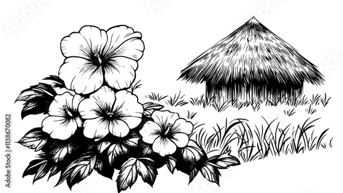 Hibiscus blossom opening on bush beside thatched hut, Plant Digital Art