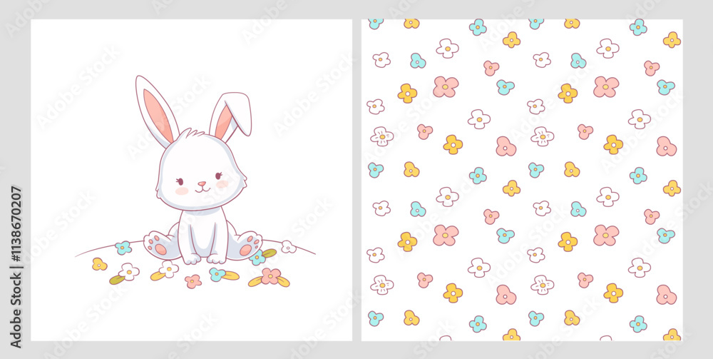 Delicate pattern in pastel colors with bunnies, and floral elements. Vector illustration can be used for t-shirt print, kids wear fashion design, baby shower invitation card Delicate pattern in pastel colors with bunnies, and floral elements. Vector illustration can be used for t-shirt print, kids wear fashion design, baby shower invitation card