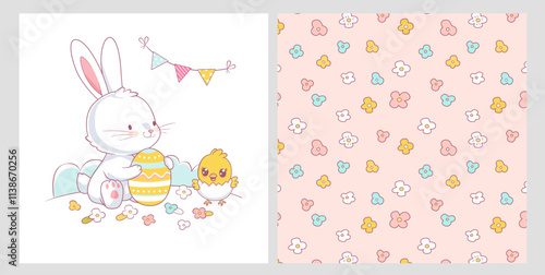 Easter delicate pattern with spring flowers, bird, Easter eggs and Easter bunny. Can be used for t-shirt print, kids wear fashion design, baby shower invitation card