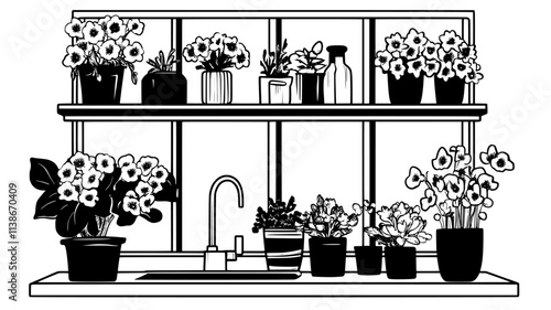 Kalanchoe plants on a kitchen windowsill above the sink, Plant Digital Art