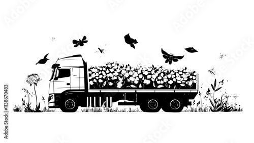 Large truck filled with flowers for international export driving to a cargo terminal, Plant Digital Art