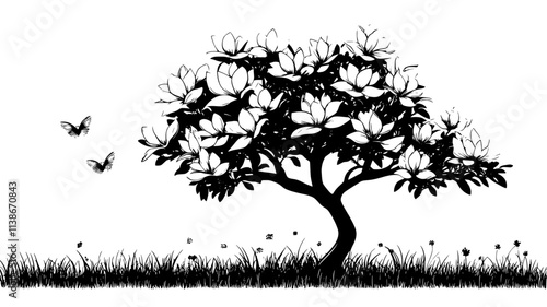 Magnolia tree with large flowers in a Southern garden, Plant Digital Art