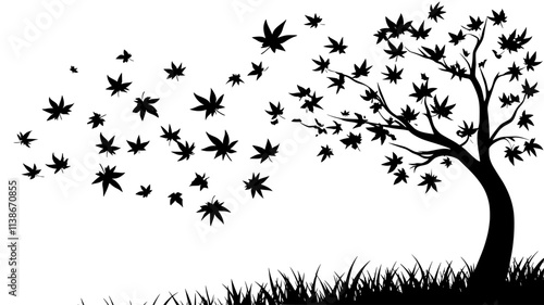 Maple tree with spreading branches and vibrant palmate leaves in a yard, Plant Digital Art