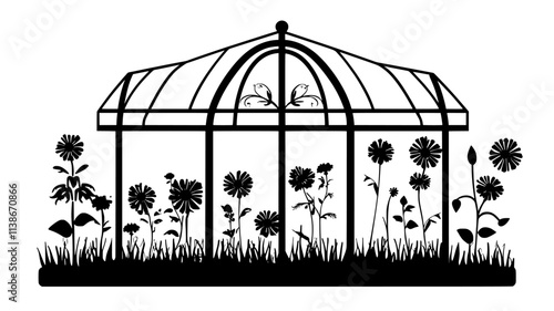 Marigolds edging vegetable garden beds near a greenhouse, Plant Digital Art