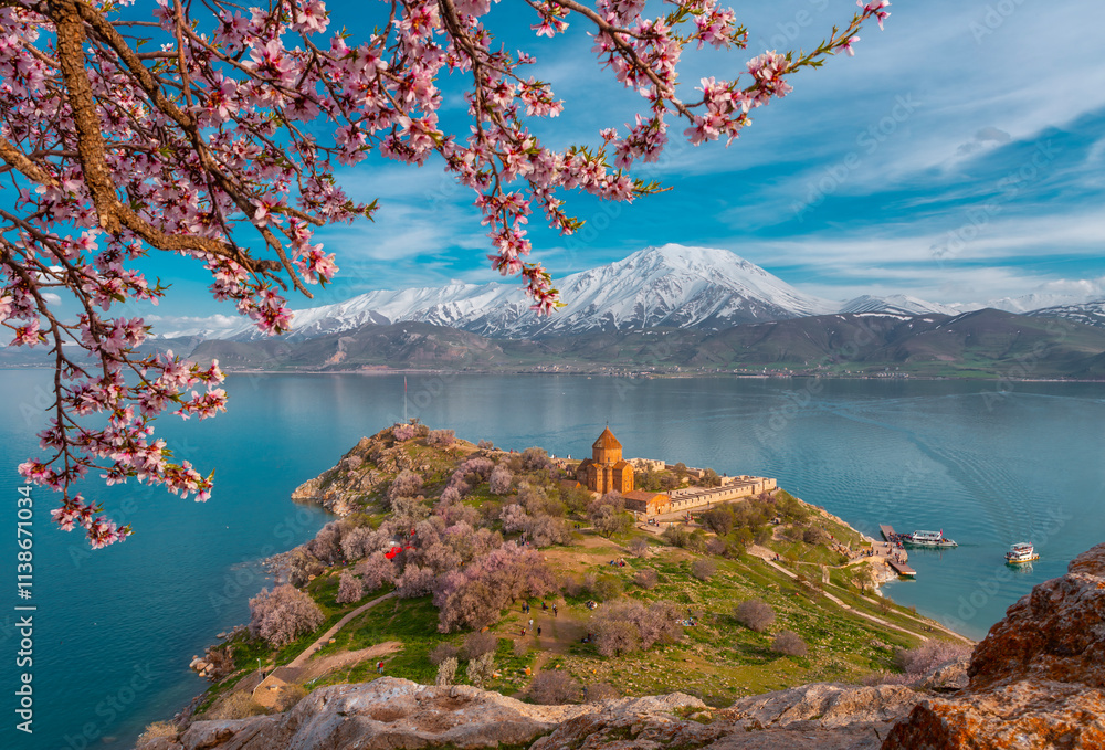 Akdamar Island in Van Lake. The Armenian Cathedral Church of the Holy Cross - Akdamar, Turkey