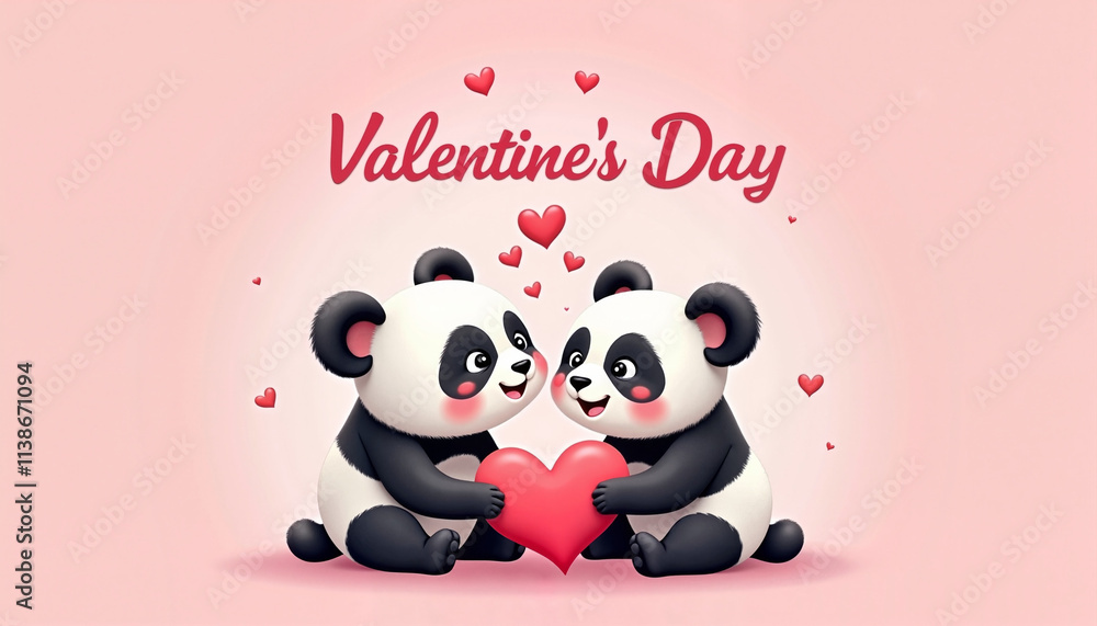 Fototapeta premium Two cute pandas holding a heart with Valentine's Day text