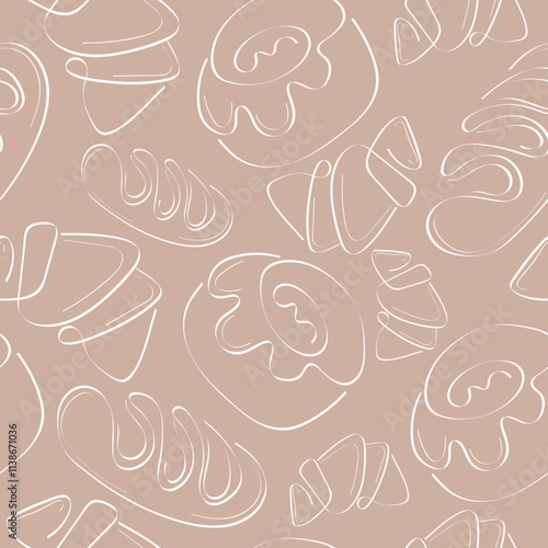 seamless pattern of simple bakery icons of croissant, loaf and donut in line art style on beige background