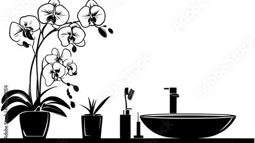 Orchid blooms on bathroom countertop near sink, Plant Digital Art