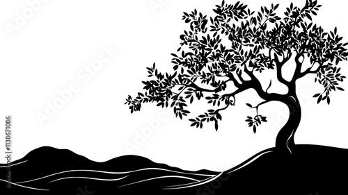 Olive tree with gnarled trunk in terraced hillside grove, Plant Digital Art