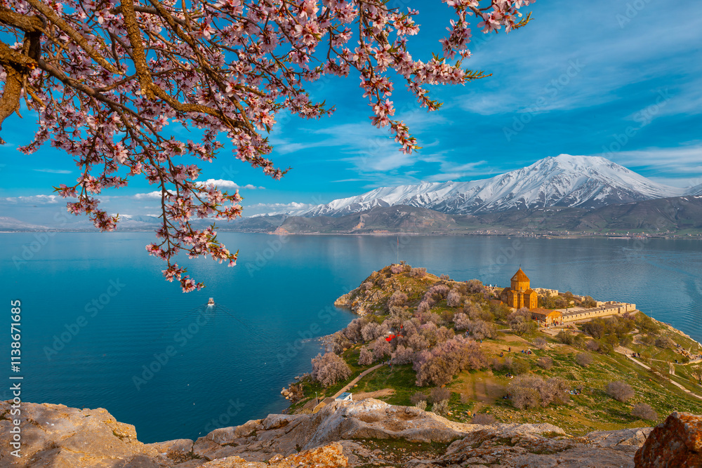 Akdamar Island in Van Lake. The Armenian Cathedral Church of the Holy Cross - Akdamar, Turkey