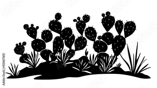 Prickly pear cactus forming a dense thicket on a hillside, Plant Digital Art