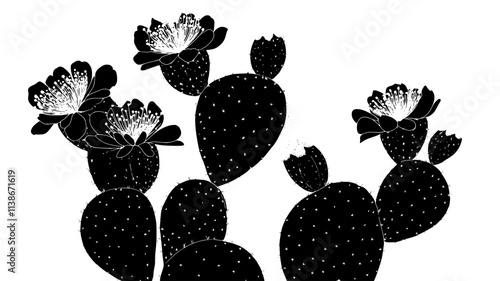 Prickly pear cactus with flowers emerging from flat pads, Plant Digital Art