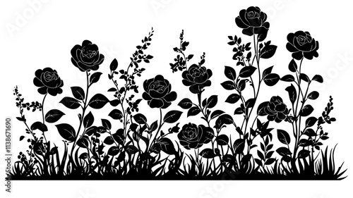 Rose bush with multiple blooms in a garden setting, Plant Digital Art
