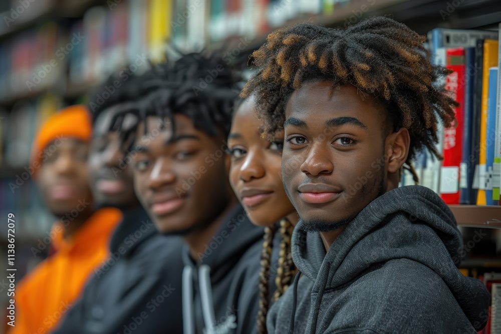 A group of African American students sits in a library surrounded by bookshelves. A group of African American students sits in a library surrounded by bookshelves.