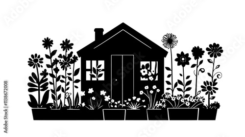 Several clusters of garden flowers blooming near a garden shed, Plant Digital Art