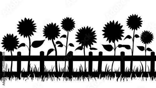 Giant sunflower heads growing along a rural fence line, Plant Digital Art
