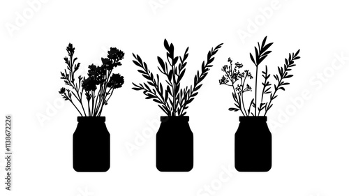 Small dried flower bunches placed in jars on a windowsill for display, Plant Digital Art
