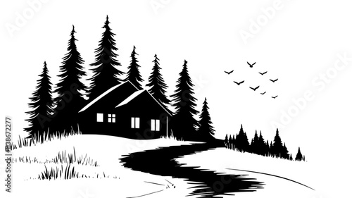 Spruce trees lining the driveway of a mountain cabin, Plant Digital Art