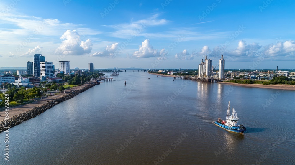 Naklejka premium Overhead perspective showcases an oil and gas field with large storage silos, cargo barge, and rocky structures against a blue sky