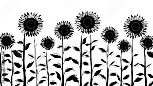 Sunflower plants with large flower heads in a field, Plant Digital Art